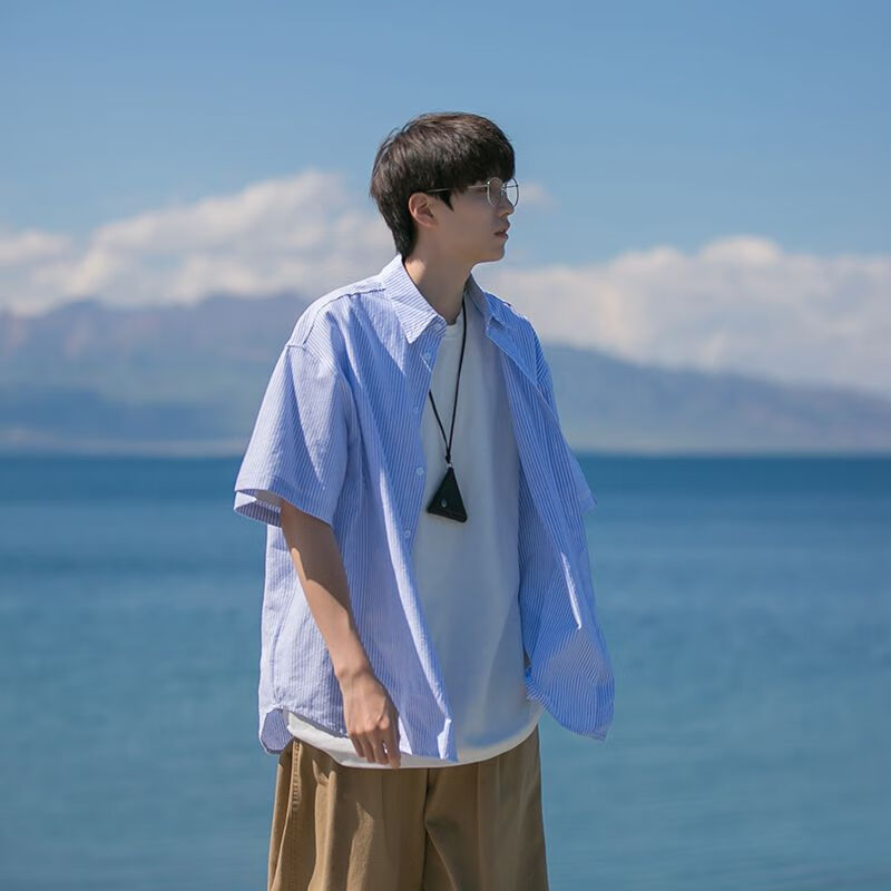 帝抚爱日系条纹短袖衬衫男夏季休闲百搭翻领衬衣潮牌薄款外套潮 c22