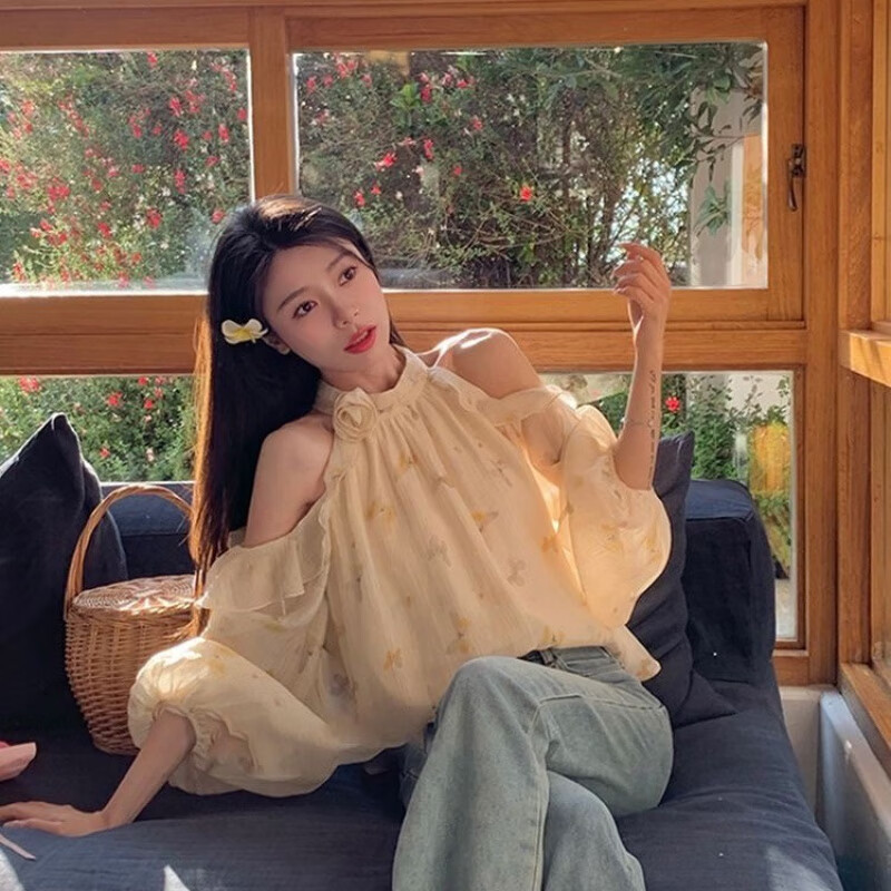 雷黛茜新款春日衬衫小个子时尚减龄多巴胺穿搭露肩法式碎花上衣女夏 樱草黄【收藏关注配领花】 S