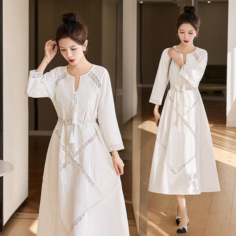 他她连衣裙2024新款春装设计优雅v领镂空设计感系带绣花长袖白色长裙
