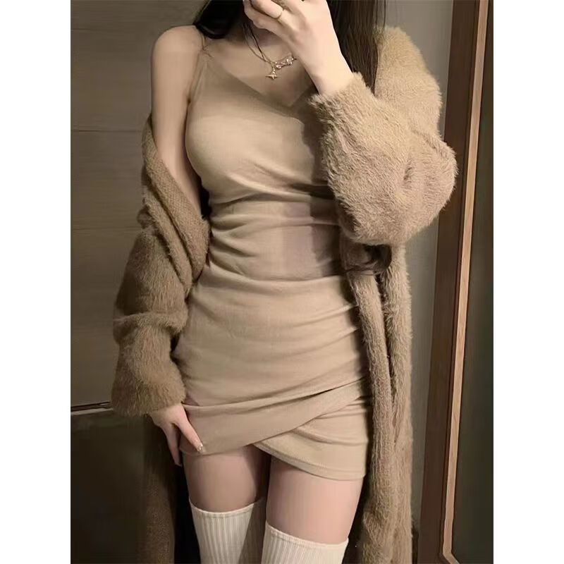 璟浩御姐后妈裙秋冬性感紧身包臀套装女新款针织开衫毛衣外套纯欲风吊