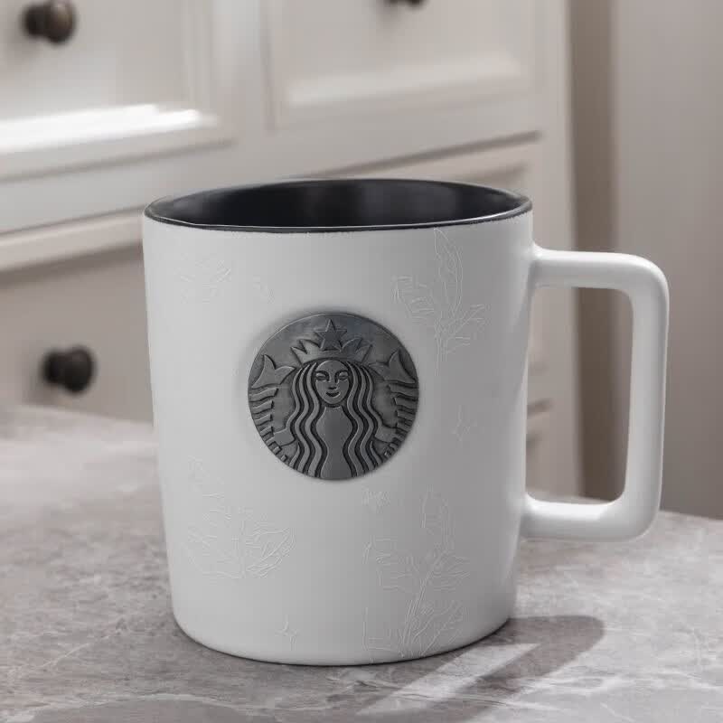 星巴克(starbucks)杯子大容量马克杯银色浮雕铜章水杯陶瓷咖啡杯