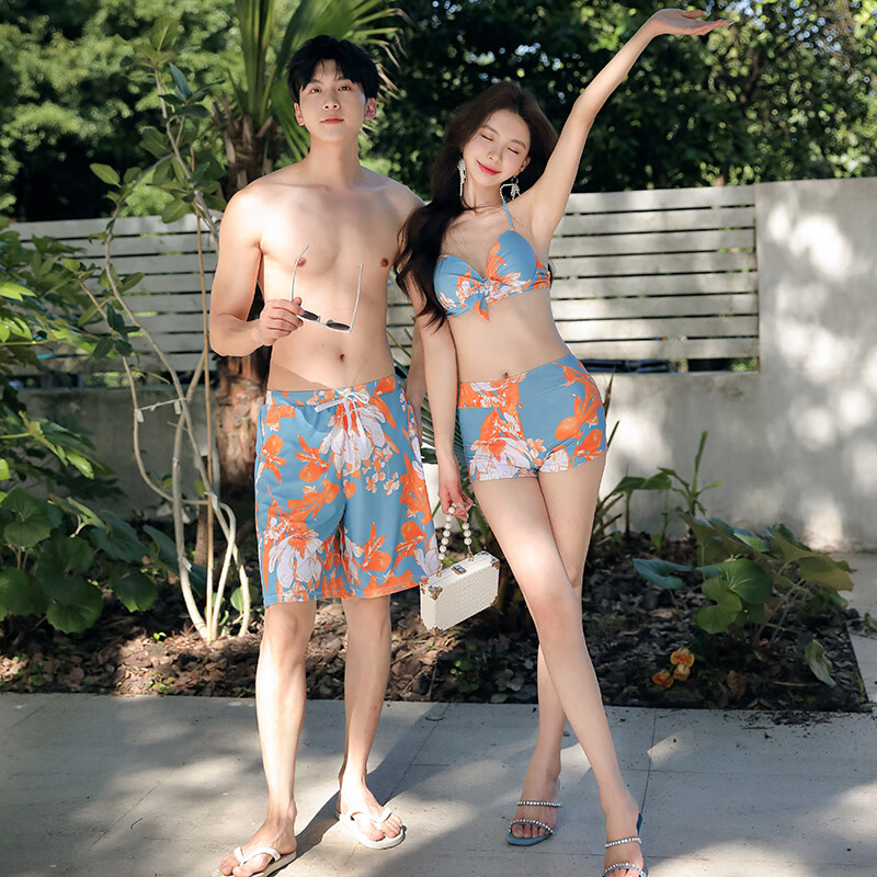 Yosoci情侶泳衣女比基尼分體三件套性感顯瘦遮肚平角褲男士沙灘褲時(shí)尚 男士（單獨(dú)沙灘褲） M
