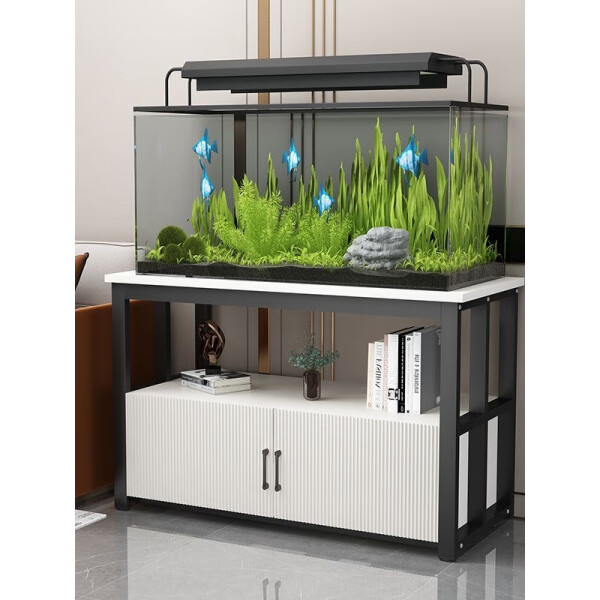 胖东来同款鱼缸架子鱼缸底柜鱼缸架金属底架底座草缸铁艺鱼缸底架 黑架＋胡桃柜竖条门 不带鱼缸 50x30x70cm 长宽高