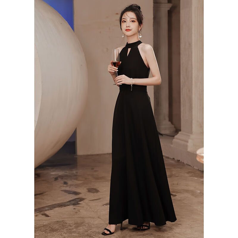 樊枫黑色晚礼服裙女新款挂脖长款主持人名媛会平时可穿性感显瘦 黑色