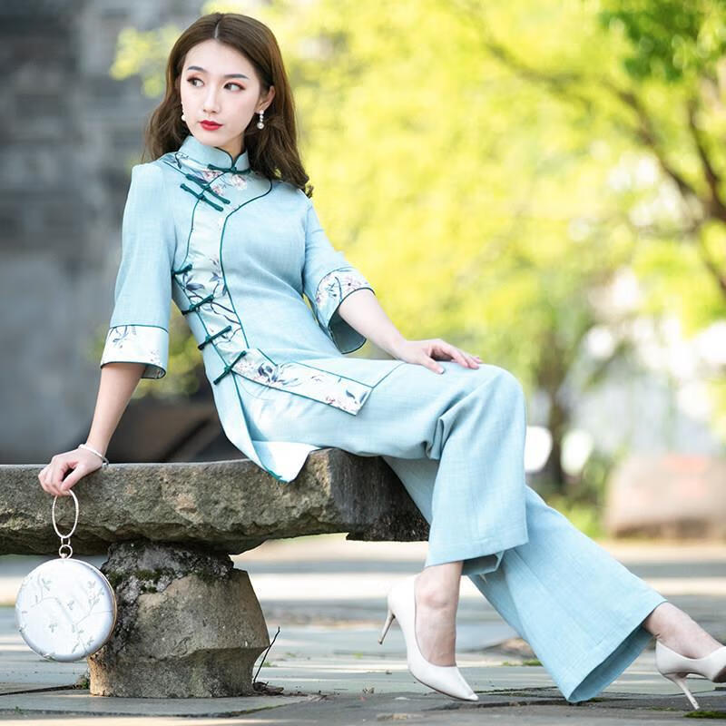 rtwk新中式女装国风套装女春秋职业时尚中旗袍裤两件套洋气年轻民族风