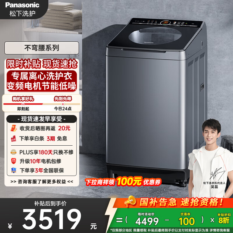 松下（Panasonic）【吴磊推荐】波轮洗衣机全自动10公斤大容量 一级能效离心洗羊毛内衣洗衣机 国家补贴XQB100