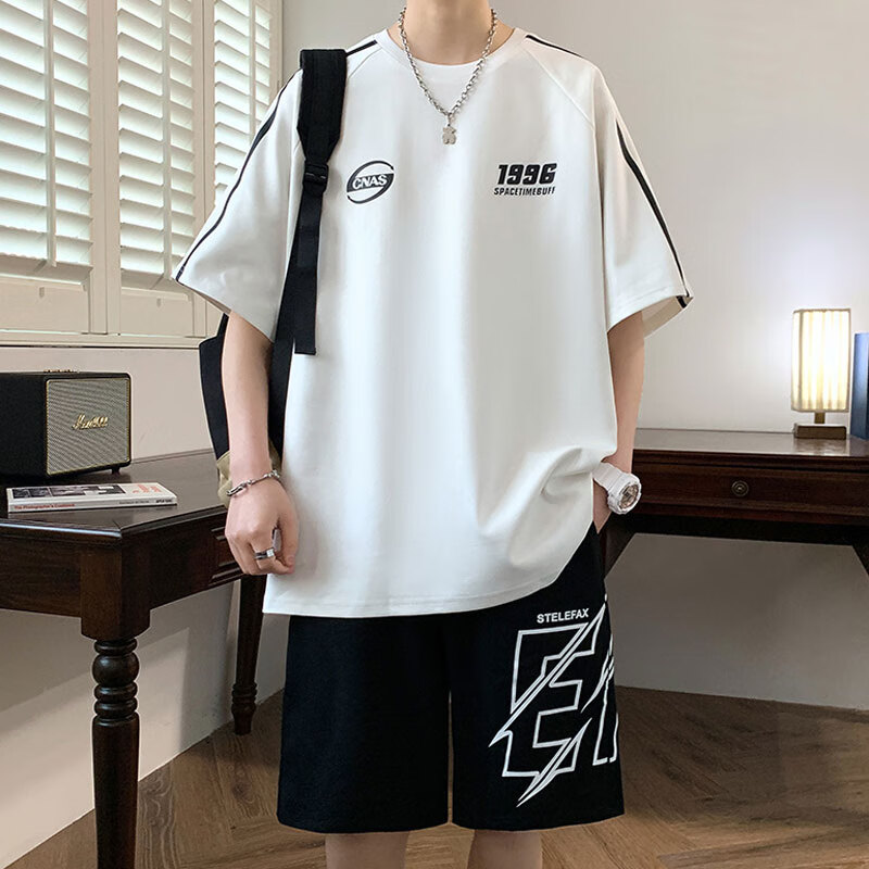 列迅圆领短袖t恤男生夏季休闲运动套装青少年潮牌酷帅穿搭两件套衣服T 5813白色 S (约70~85斤可穿)