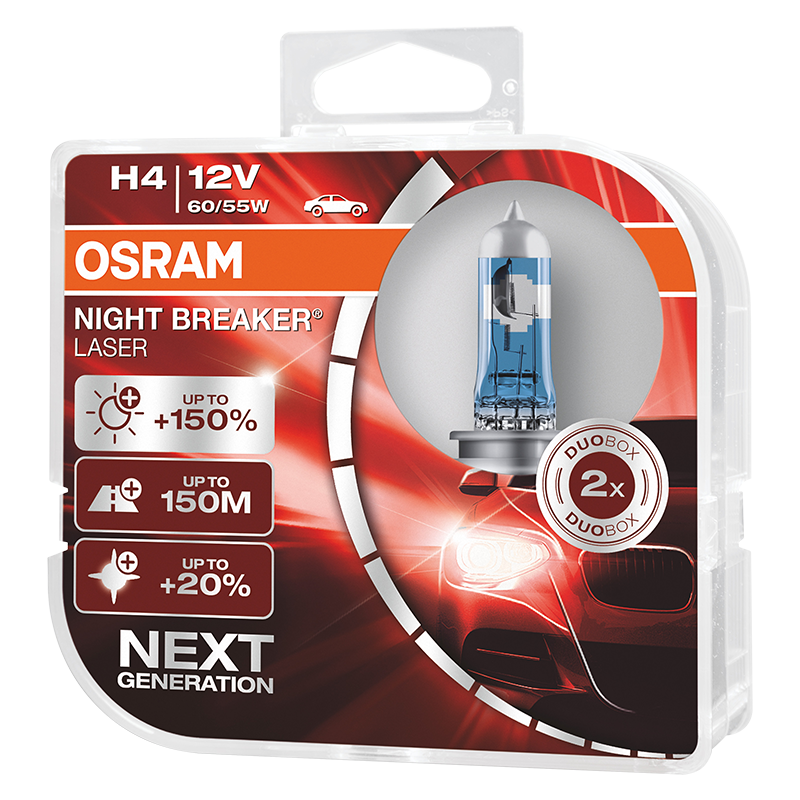 欧司朗（OSRAM）新激光夜行者H4汽车大灯远近光卤素灯增亮150% 2支装  12V 60/55W