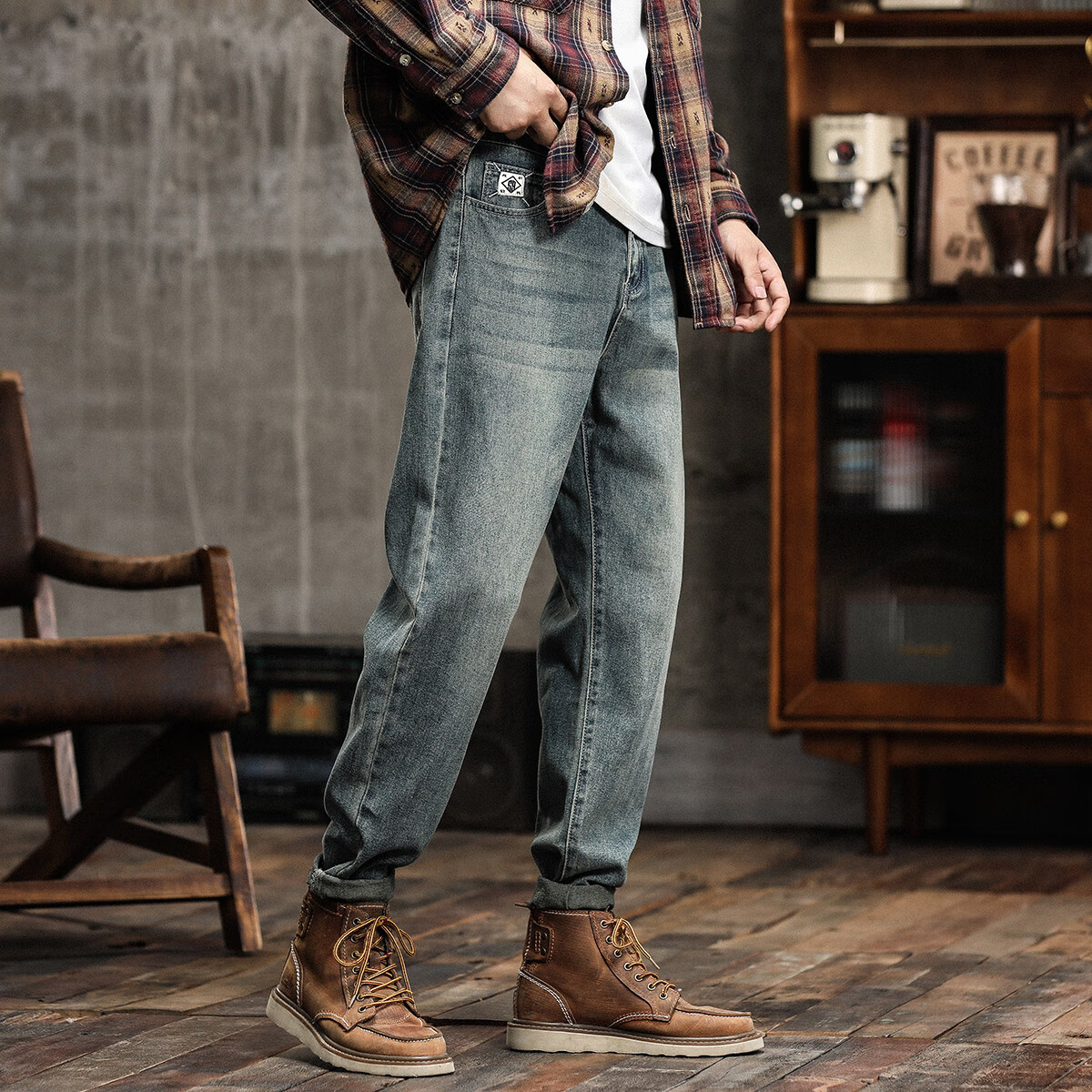 布衣传说牛仔裤合集 原色九分牛仔裤男款宽松锥形休闲长裤子 牛仔蓝13697 34