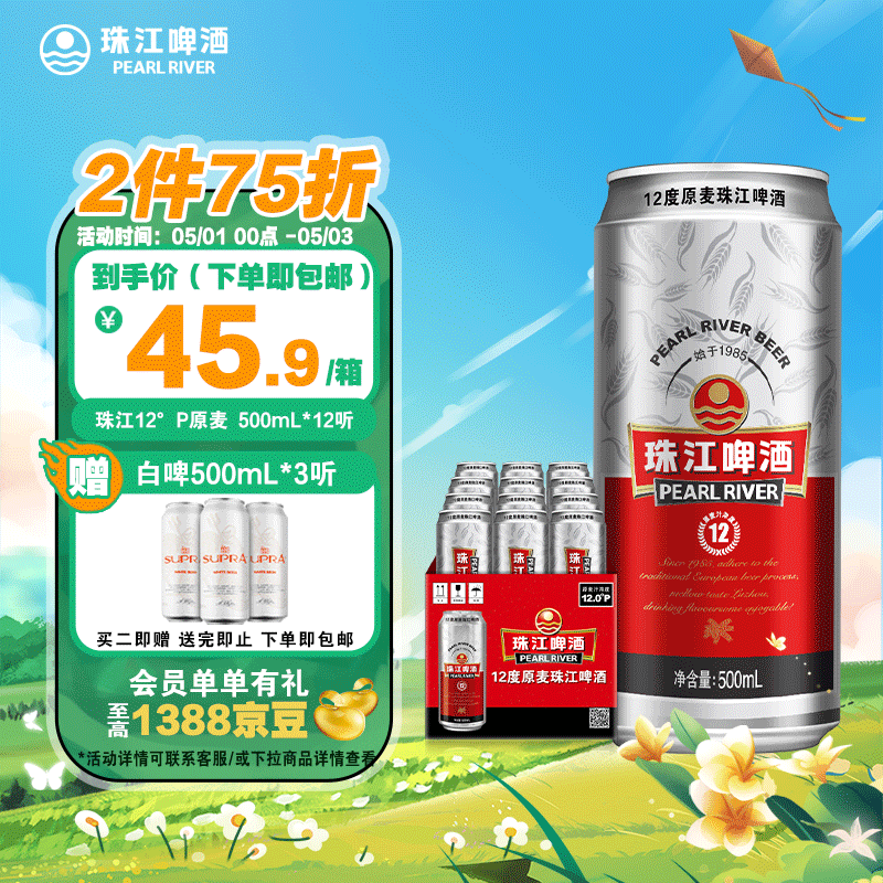 珠江啤酒（PEARL RIVER）12度 珠江原麦啤酒 500mL 12罐 整箱装
