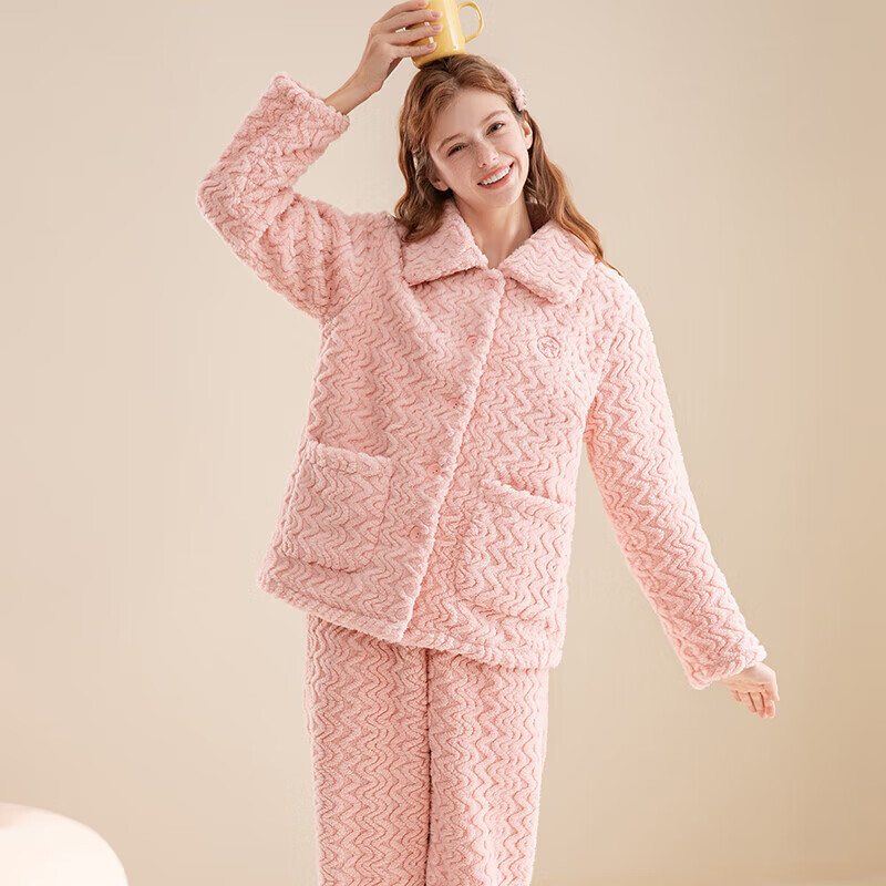 芬腾睡衣女【加厚暖绒】秋冬季少女感保暖翻领开衫长袖家居服套装 虾粉 L