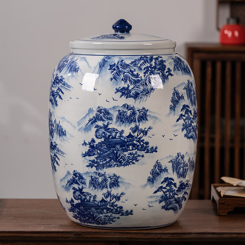厚古薄今景德镇青花茶叶罐大号陶瓷储存茶密封特大茶饼罐山水储茶缸防潮 青花山水-大号
