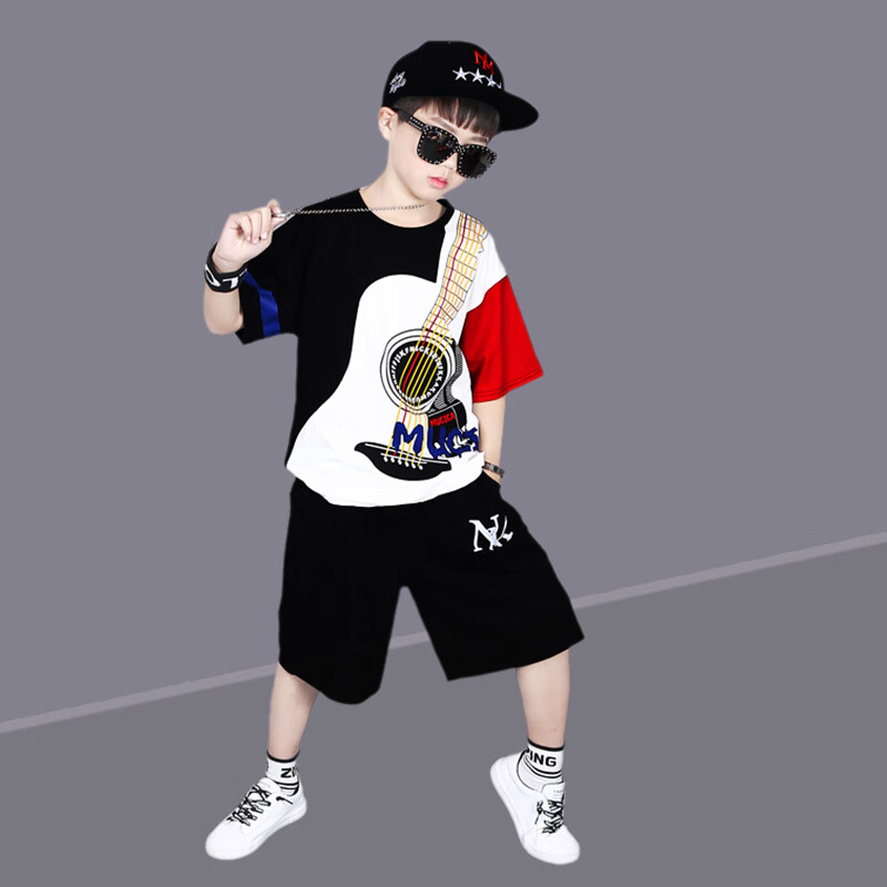男童夏装2024新款儿童纯棉短袖t恤大童酷帅上衣男孩街舞夏季套装 吉他