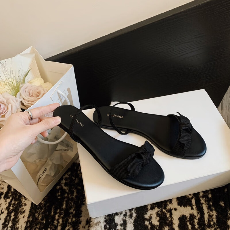 甜美蝴蝶结显瘦一字带羊皮软底百搭平底凉拖女夏 黑色 35