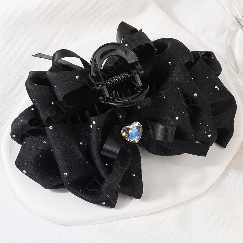 铭闽蝴蝶结爱心发夹女新款后脑勺夹子头花气质盘发感抓夹 黑色绸缎