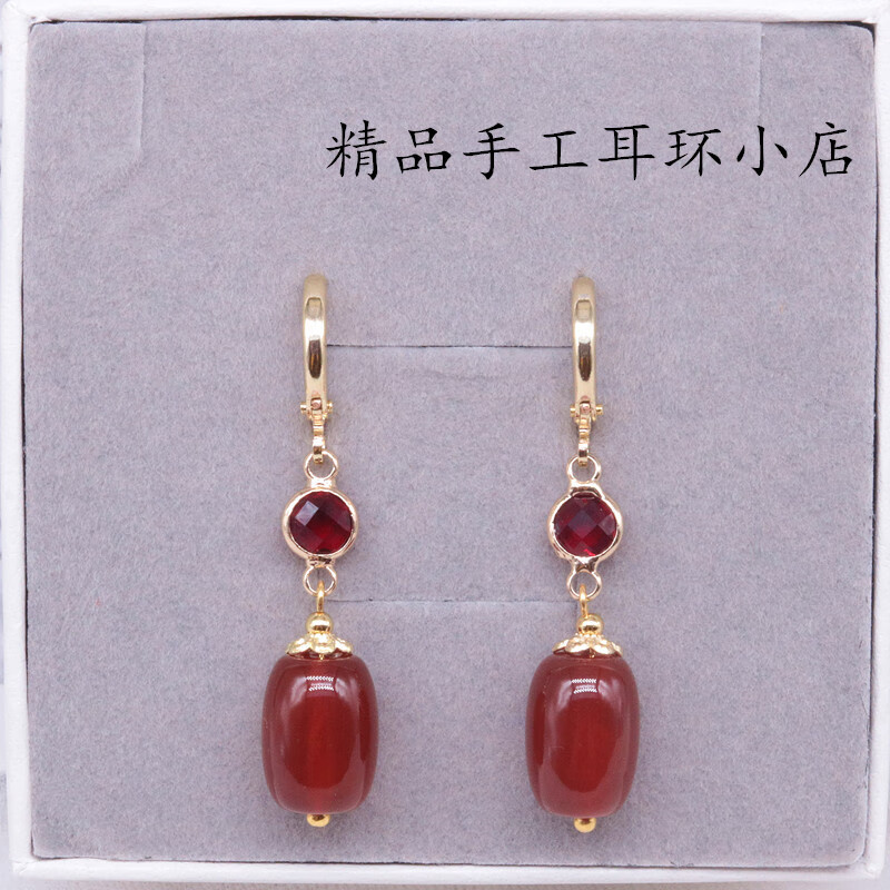 原创红玛瑙新款百搭桶珠耳环耳坠圆珠复古宫廷女款14包金耳扣耳饰