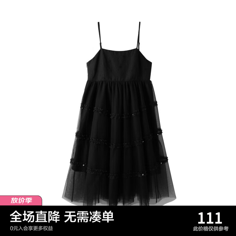 乐町吊带网纱裙夏季新款小黑裙连衣裙C2FAC3205 黑色 S/155