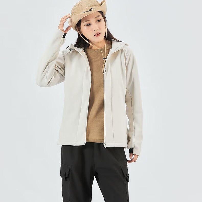 图途户外软壳外套连帽加绒防风运动外套秋冬登山上衣休闲外套 沙丘白 M