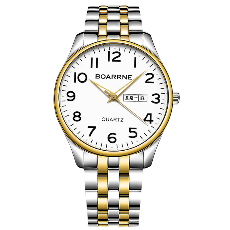 伯恩（BOARRNE）中老年老人手表男士女式大数字夜光电子防水表送爸妈爷爷新年礼物 809A金边钢带-日历-男表