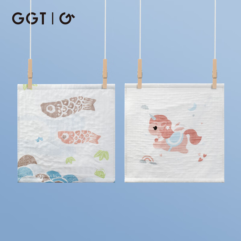GGT云藝方巾嬰兒口水巾新生兒純棉超軟小方巾寶寶專用洗臉巾兒童用品 魚+獨(dú)角獸（方巾） 2條