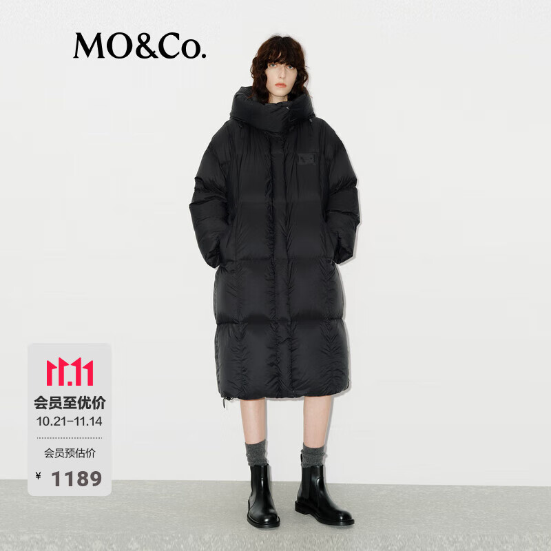 MO&amp;Co.羽绒服90鸭绒高领连帽轻暖高密防钻绒双门襟中长款摩安珂 黑色 S /160