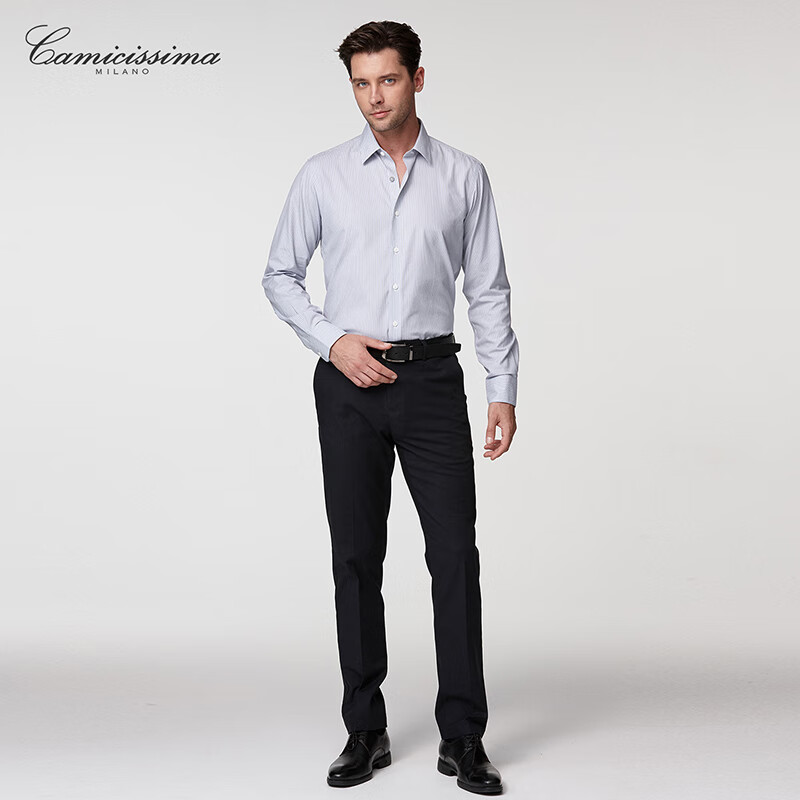 恺米切四季免烫修身版2色中条纹商务休闲款 浅灰色 42