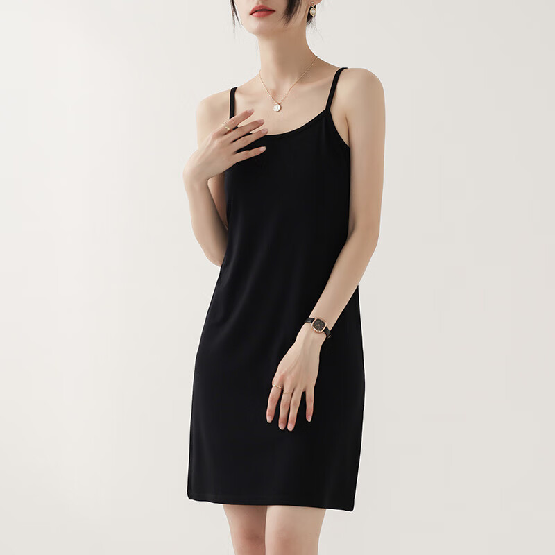 翊尚美吊带背心女秋季2024新款中长款内搭打底上衣女无袖外穿吊带裙 黑色【双肩带加长款85CM衣长】 均码【适合80-140斤】