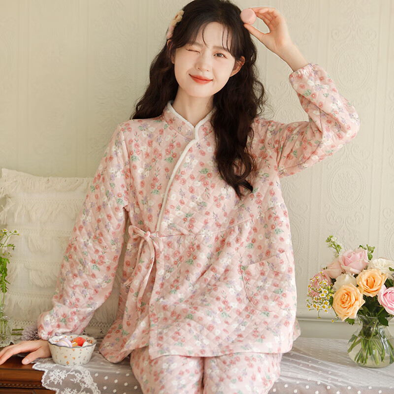 富朵（fuduo）秋冬月子服空氣棉孕產(chǎn)婦睡衣產(chǎn)后喂奶衣夾棉保暖春孕婦家居服夕顏 M【適合120斤以下穿】