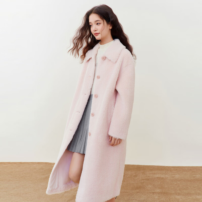 乐町甜美仿羊羔毛颗粒长款外套 棉花糖粉(现货) L