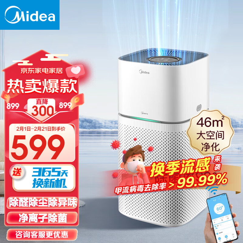 美的（Midea） 空气净化器除甲醛家用新风机净离子除菌全屋换气除雾霾烟味灰尘吸猫毛智能数显美居互联消毒机 【净化除醛】KJ400G-Z1 Pro