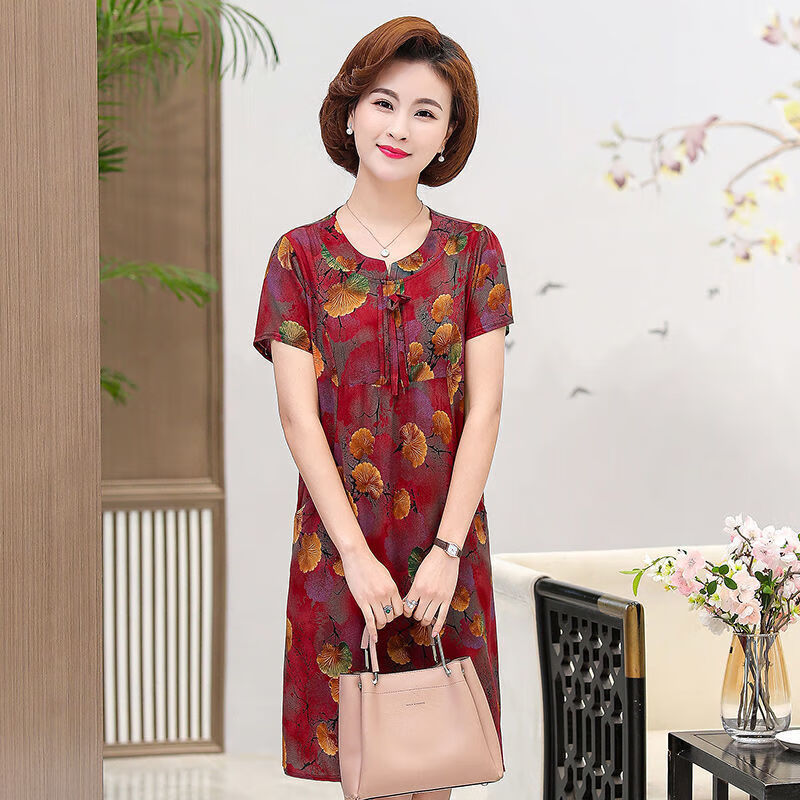 凡智60岁矮个子妈妈裙夏天大妈中裙老妈裙子夏短袖中老年女装夏装短裙