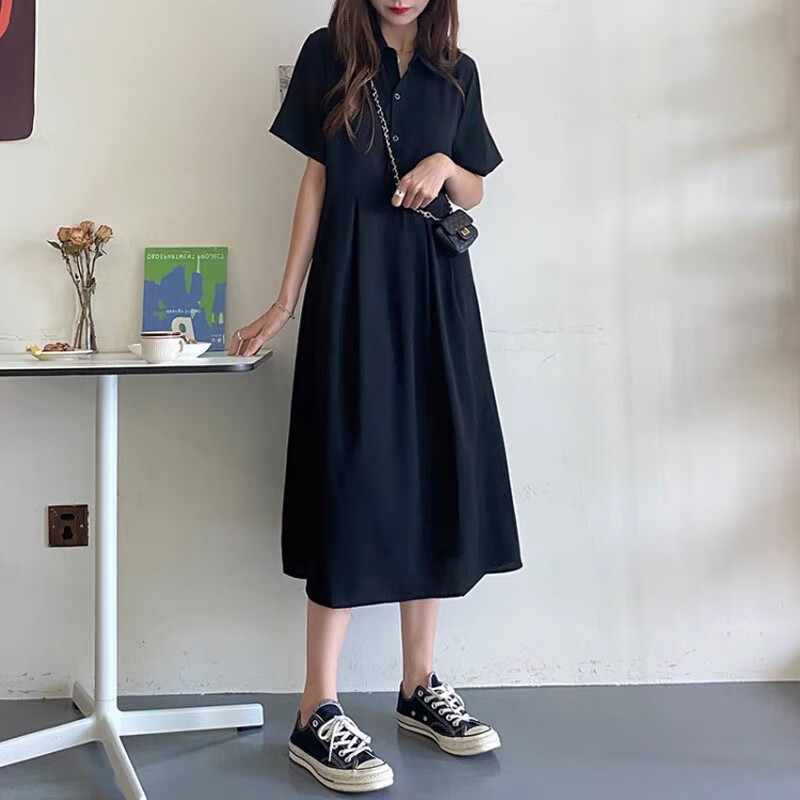 俏娃宝贝200斤加肥加大码夏天穿的胖妹妹连衣裙法式黑色polo裙女夏