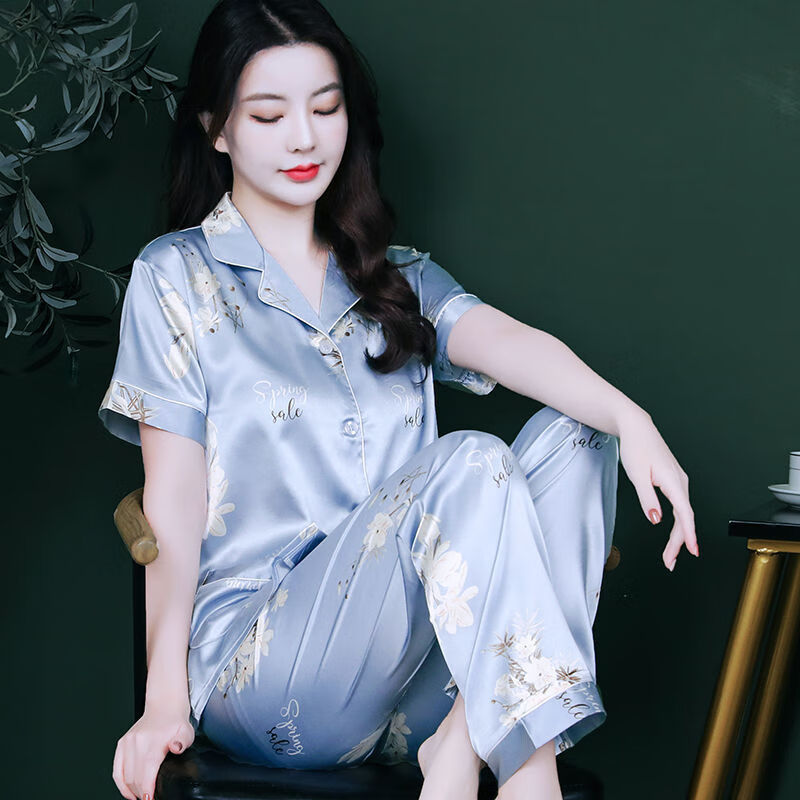 莫代尔睡衣女士夏季新款冰丝短袖长裤仿真丝韩版夏天薄款宽松家居服套装 短长苏梅点点香 XL （120-135斤）
