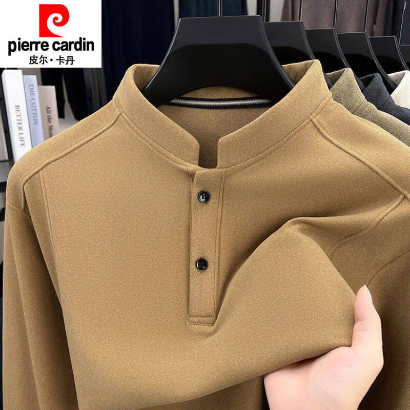 皮尔卡丹（pierre cardin）秋冬季双面绒长袖T恤男立领纯色德绒休闲卫衣潮流男士打底衫针织 卡其色 M857 4XL 适合190-210斤