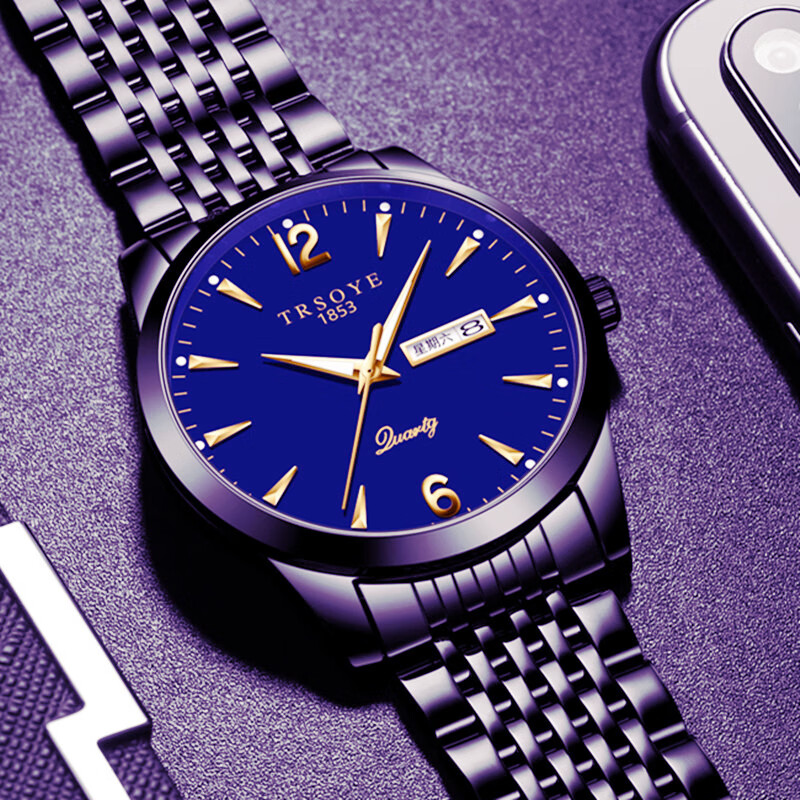 CLNAI时尚潮流男表防水夜光双日历星期钢带大气男士手表男款考试腕表 间金白面【日期+星期+夜光】 39mm