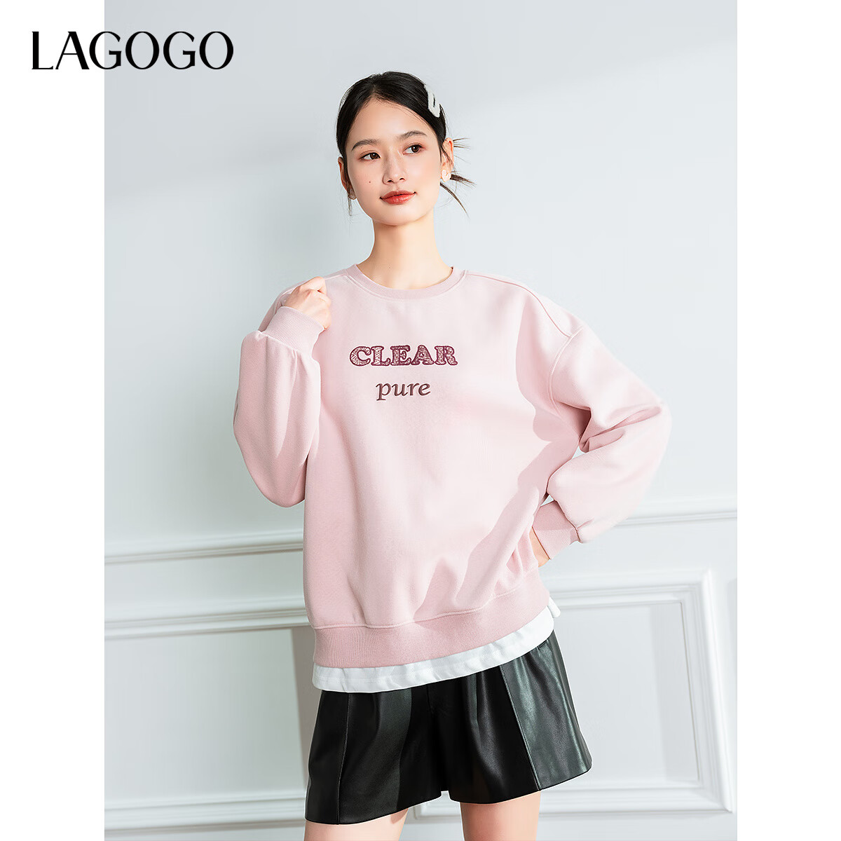 LAGOGO云感双面针织卫衣女拉谷谷2024年冬季新款刺绣拼接设计上衣 粉红色 M