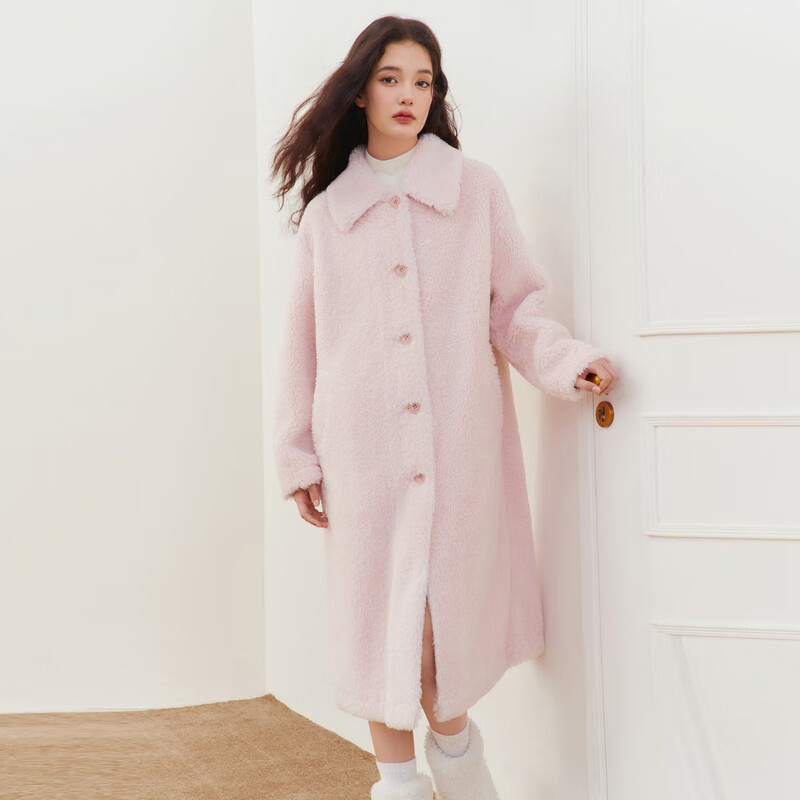 乐町甜美仿羊羔毛颗粒长款外套 棉花糖粉(现货) L