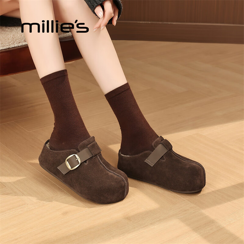 妙丽勃肯鞋女厚底复古加绒时尚保暖潮流2025冬季新款包头半拖鞋 咖色 37 (235mm) 标准码