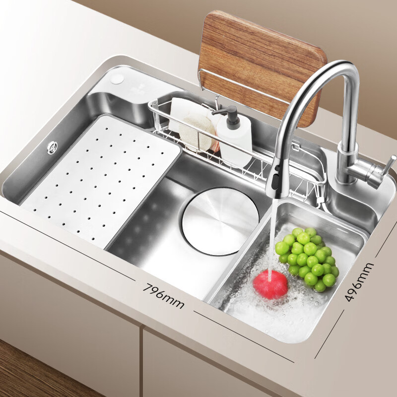 欧琳(oulin)9129 l008抽拉龙头大单槽304不锈钢水槽796*496配不锈钢抽