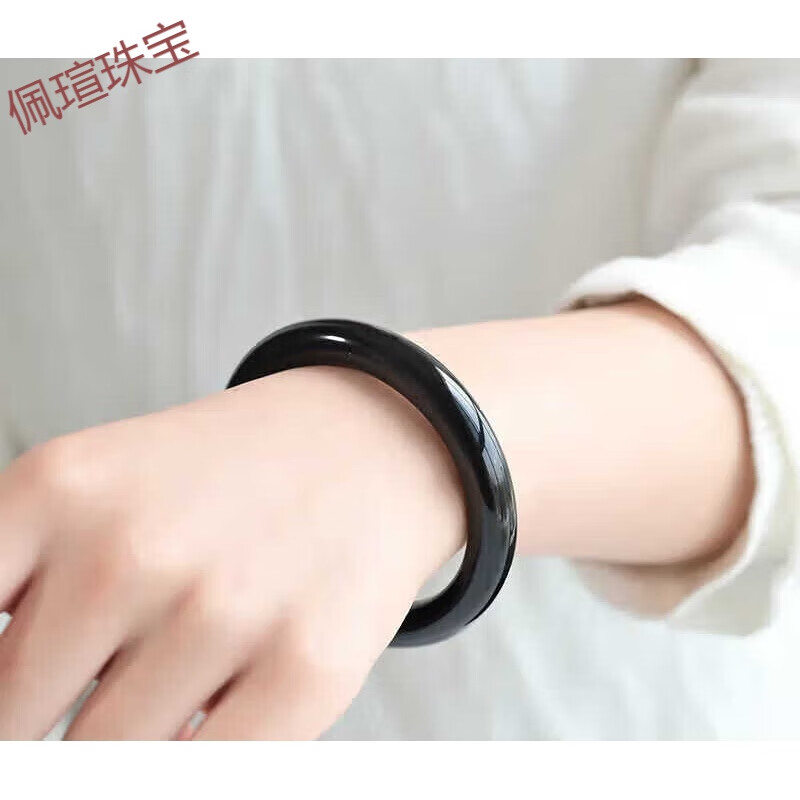 佩瑄黑玉手镯黑色玛瑙女原色圆条巴西髓细条玉手环时尚手镯子