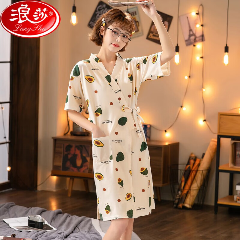 浪莎日式和服睡裙女夏季卡通可爱系绳领睡袍浴袍宽松日系睡衣家居服