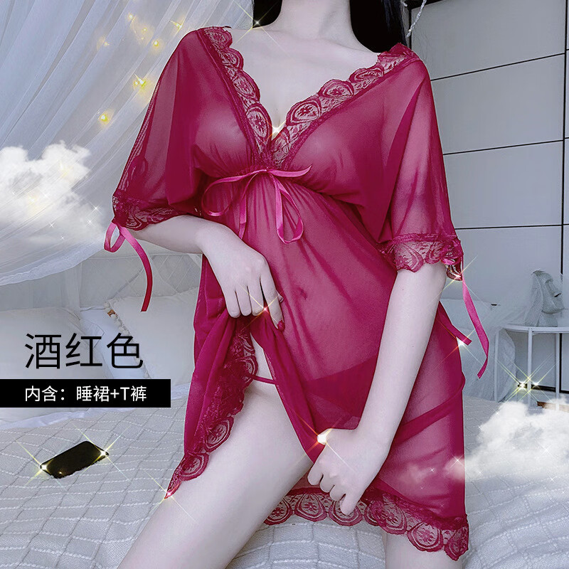 网纱深V低胸睡衣女性感蕾丝内衣T字裤 欧美睡裙 酒红色 XL码140-160斤