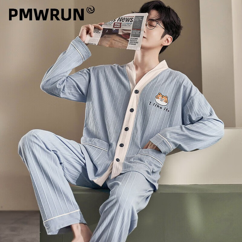 pmwrun男士睡衣春春季长袖开衫大码新款秋冬青年男和服家居服套装 m1