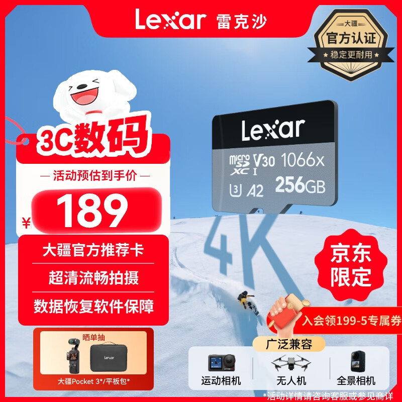 雷克沙（Lexar）256GB TF(MicroSD)存储卡V30 读160MB/s 大疆无人机运动相机Action5/Pocket3推荐内存卡 (1066x)