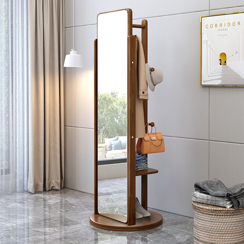 岳虎立式穿衣镜实木全身试衣镜卧室旋转落地镜多功能收纳带镜子挂衣架