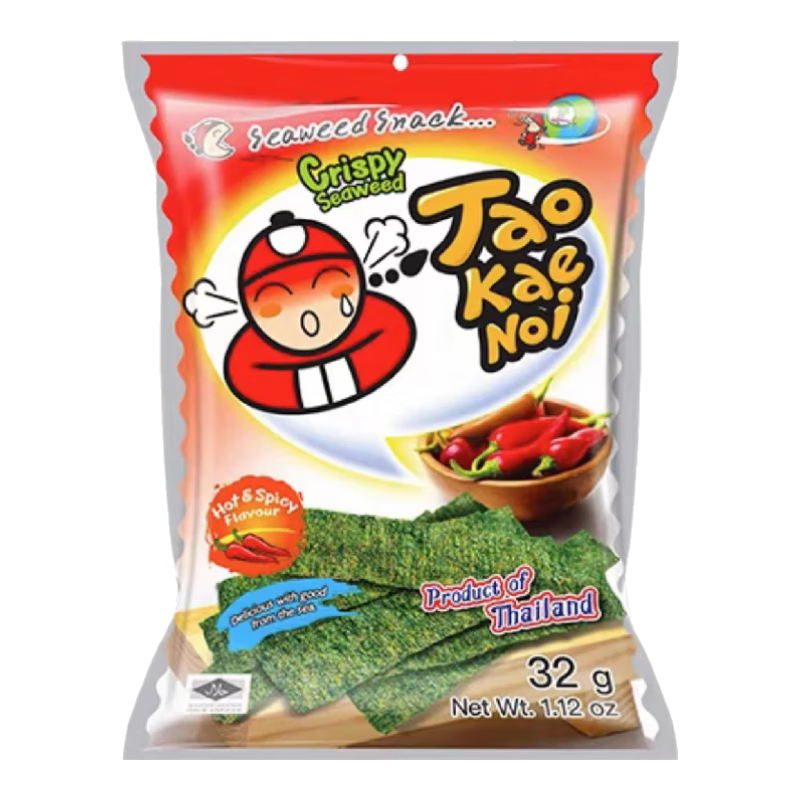 老板仔泰国进口小老板经典香脆海苔 即食薄脆紫菜烤海苔片 年货送礼 老板仔海苔香辣味 32g*1袋 6包