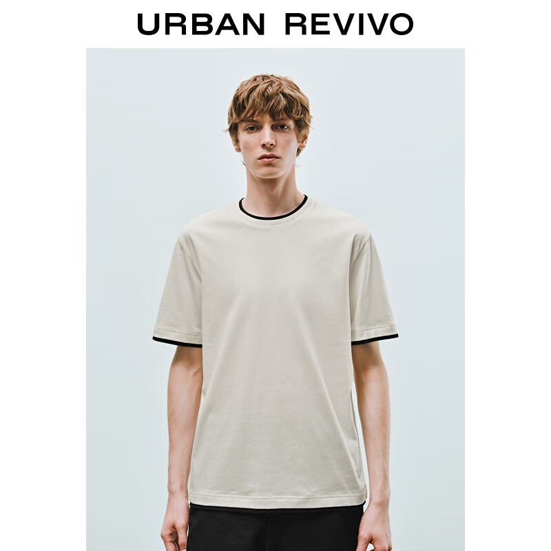UR2025秋季新款男装简约休闲撞色边棉质短袖T恤UMM450116 米白 XL