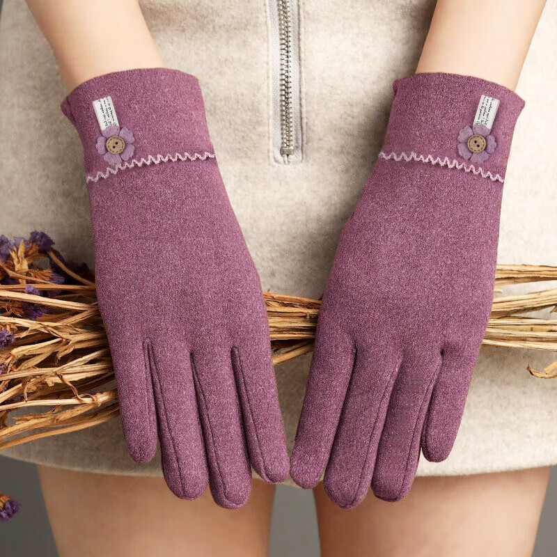 达芬奇密码 冬季保暖可爱女生日系心心兔子加绒分指手套带触屏 花扣 香芋紫