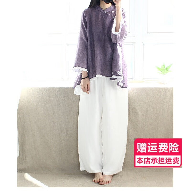 女式居士服女佛教衣服茶服女禪修服禪意文藝兩件套裝春夏季新款復(fù)古中式上衣服茶藝師服裝唐裝女士中國風(fēng)佛系 紫色長袖上衣+褲子 均碼（建議100-130斤穿）