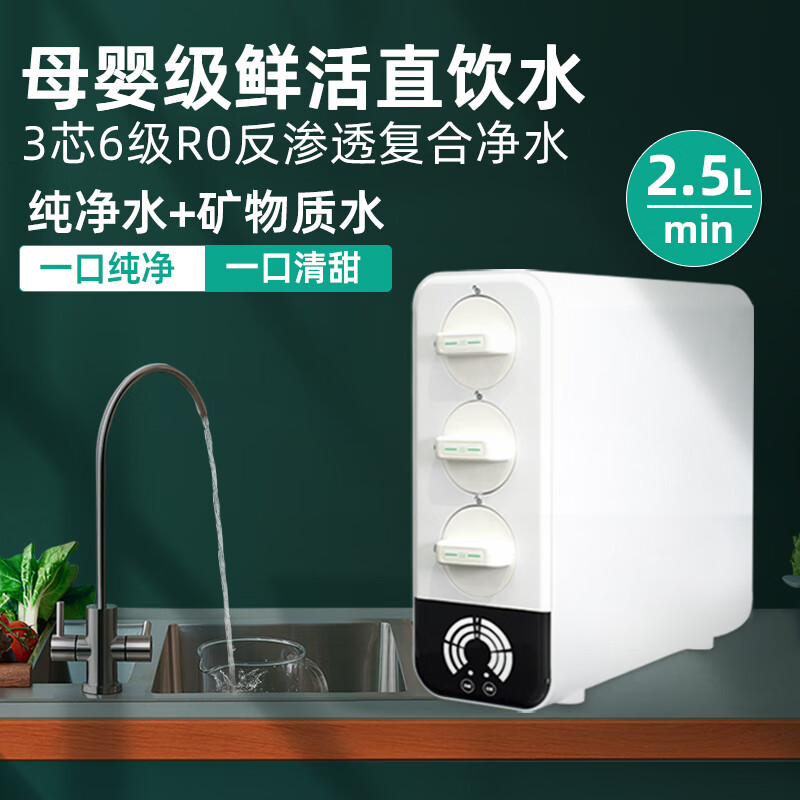 乐喝25新款净水器双出水RO反渗透直饮机家用纯水机厨房自来水过滤净水机壁挂管线机前置过滤器三件套装 G=双出水净水器+备用滤芯1套